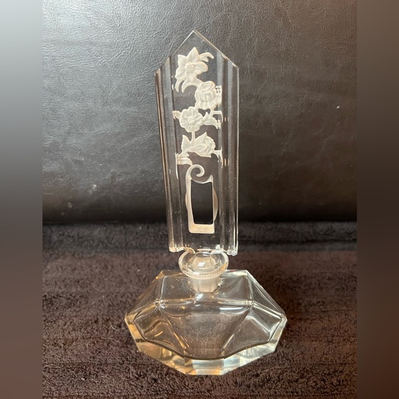 Other - Vintage Czech Glass Perfume Bottle with Engraved Floral Design